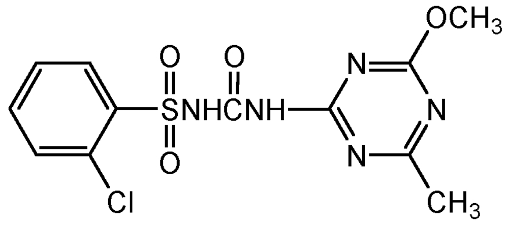 Picture of Chlorsulfuron ; 2-Chloro-N-[[4-methoxy-6-methyl-1.3.5-triazin-2-yl)amino]carbony; Glean®; PS-1065