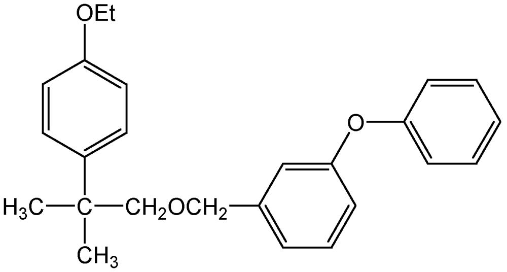 Picture of Etofenprox ; Primo®; Trebon®; Ethofenprox®; 2-(4-Ethoxyphenyl)-2-methylpropyl 3-phenoxybenzyl ether; PS-2237