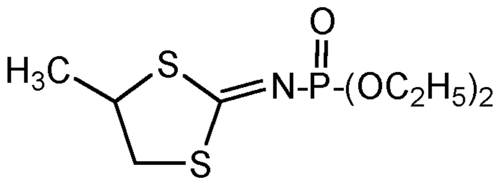 Picture of Mephosfolan ; 2-(Diethoxyphosphinylimino)-4-methyl-1.3-dithiolane; Diethyl-N-(4-methyl-1.3-dithiolan-2-ylidene)-phosphoramidate ; Cytrolane®; PS-1026