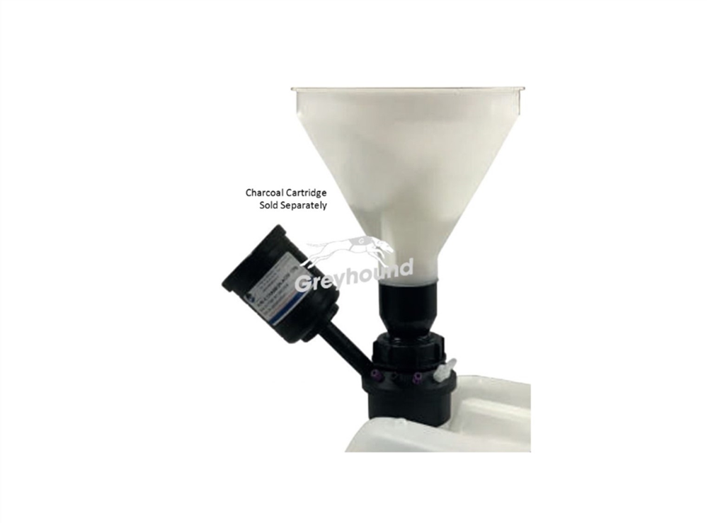 Picture of Smart Waste Cap funnel with ball valve and 1 charcoal cartridge filter adapter with 1 entry (1/8") and 1 barbed tube fitting (6-9 mm) for S55 can