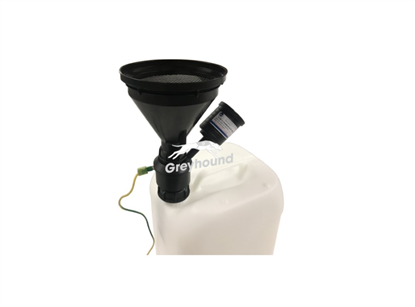 Electrically conductive funnel with ball valve equipped with a stainless steel sieve and an adapter for an activated charcoal cartridge for S55 can