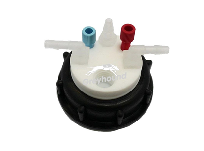 Smart Waste Cap S55 with 2 Universal connectors (1/8" to 1/16"), 3 barbed tube fittings (6-9 mm) and 1 charcoal cartridge filter port