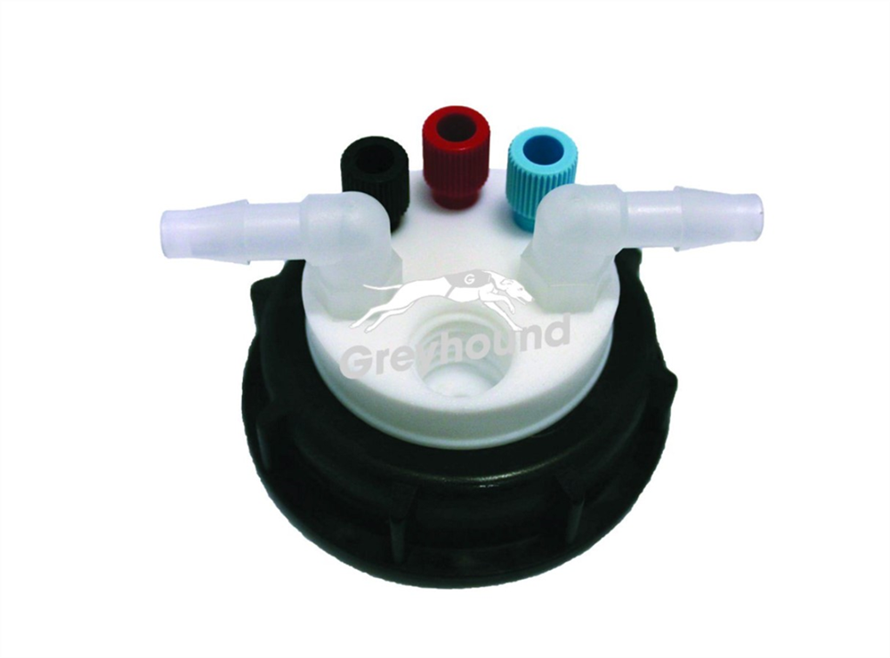 Picture of Smart Waste Cap S55 with 3 Universal connectors (1/8" to 1/16"), 2 barbed tube fittings (6-9 mm) and 1 charcoal cartridge filter port