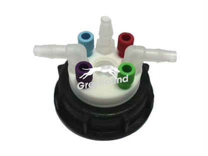 Smart Waste Cap S55 with 4 Universal connectors (1/8" to 1/16"), 3 barbed tube fitting (6-9 mm) and 1 charcoal cartridge filter port