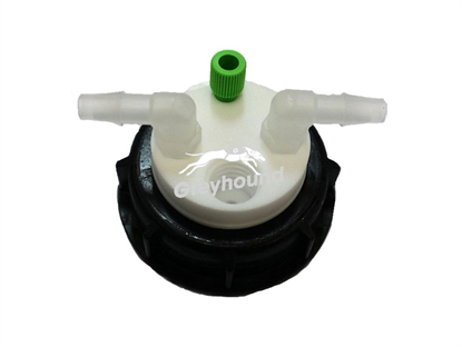 Smart Waste Cap S60 with 1 Universal connector (1/8" to 1/16"), 2 barbed tube fittings (6-9 mm) and 1 charcoal cartridge filter port 
