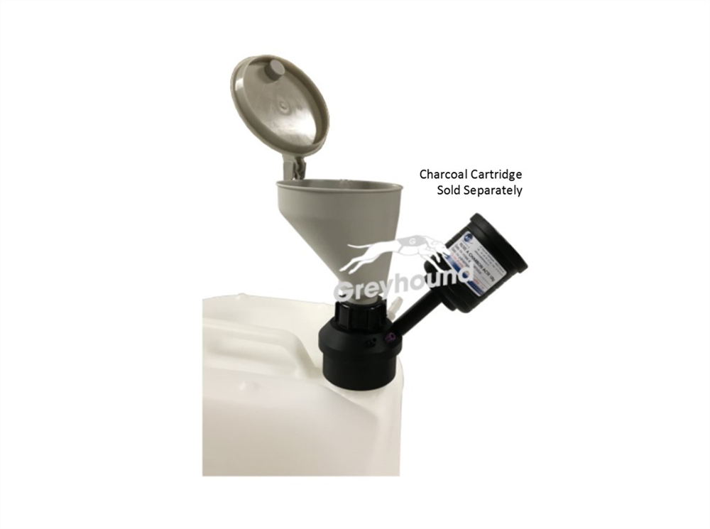 Picture of Smart Waste Cap funnel with hinged lid for S60 can with 2 tube connectors (1/4"), 1 barbed tube fitting (6-9mmID) and 1 charcoal cartridge filter port