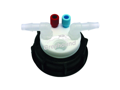 Smart Waste Cap S60 with 2 Universal connectors (1/8" to 1/16"), 2 barbed tube fittings (6-9 mm) and 1 charcoal cartridge filter port
