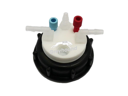 Smart Waste Cap S60 with 2 Universal connectors (1/8" to 1/16"), 3 barbed tube fittings (6-9 mm) and 1 charcoal cartridge filter port