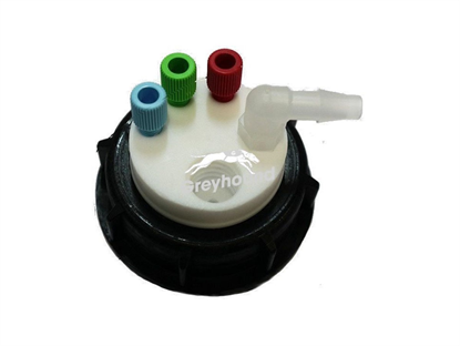 Smart Waste Cap S60 with 3 Universal connectors (1/8" to 1/16"), 1 barbed tube fitting (6-9 mm) and 1 charcoal cartridge filter port