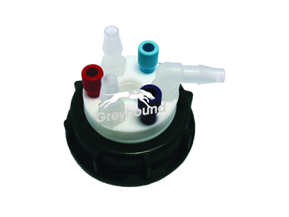 Smart Waste Cap S60 with 3 Universal connectors (1/8" to 1/16"), 3 barbed tube fittings (6-9 mm) and 1 charcoal cartridge filter port