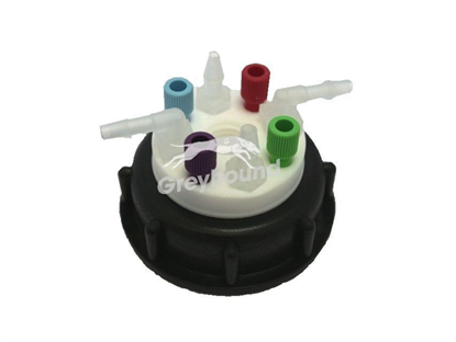 Smart Waste Cap S60 with 4 Universal connectors (1/8" to 1/16"), 4 barbed tube fittings (6-9 mm) and 1 charcoal cartridge filter port