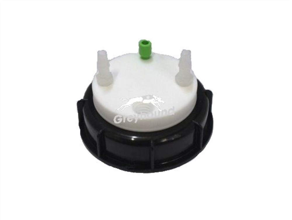 Picture of Smart Waste Cap S90 with 1 Universal connector (1/8" to 1/16"), 2 barbed tube fittings (6-9 mm) and 1 charcoal cartridge filter port