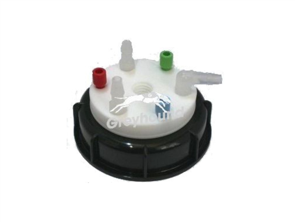 Picture of Smart Waste Cap S90 with 3 Universal connectors (1/8" to 1/16"), 3 barbed tube fittings (6-9 mm) and 1 charcoal cartridge filter port
