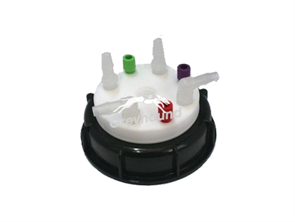 Smart Waste Cap S90 with 3 Universal connectors (1/8" to 1/16"), 4 barbed tube fittings (6-9 mm) and 1 charcoal cartridge filter port