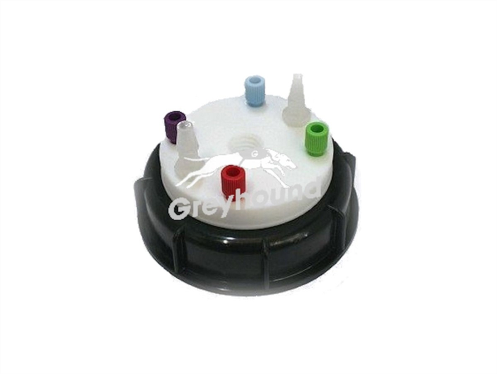 Picture of Smart Waste Cap S90 with 4 Universal connectors (1/8" to 1/16"), 2 barbed tube fittings (6-9 mm) and 1 charcoal cartridge filter port