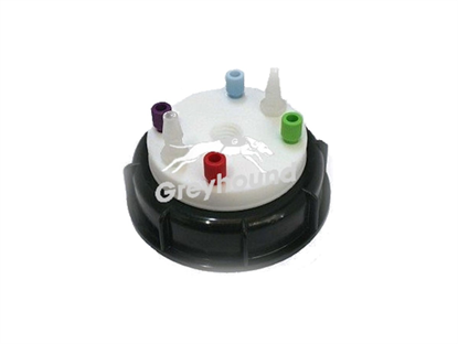 Smart Waste Cap S90 with 4 Universal connectors (1/8" to 1/16"), 2 barbed tube fittings (6-9 mm) and 1 charcoal cartridge filter port