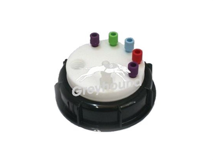 Smart Waste Cap S90 with 5 Universal connectors (1/8" to 1/16"), 1 barbed tube fitting (6-9 mm) and 1 charcoal cartridge filter port