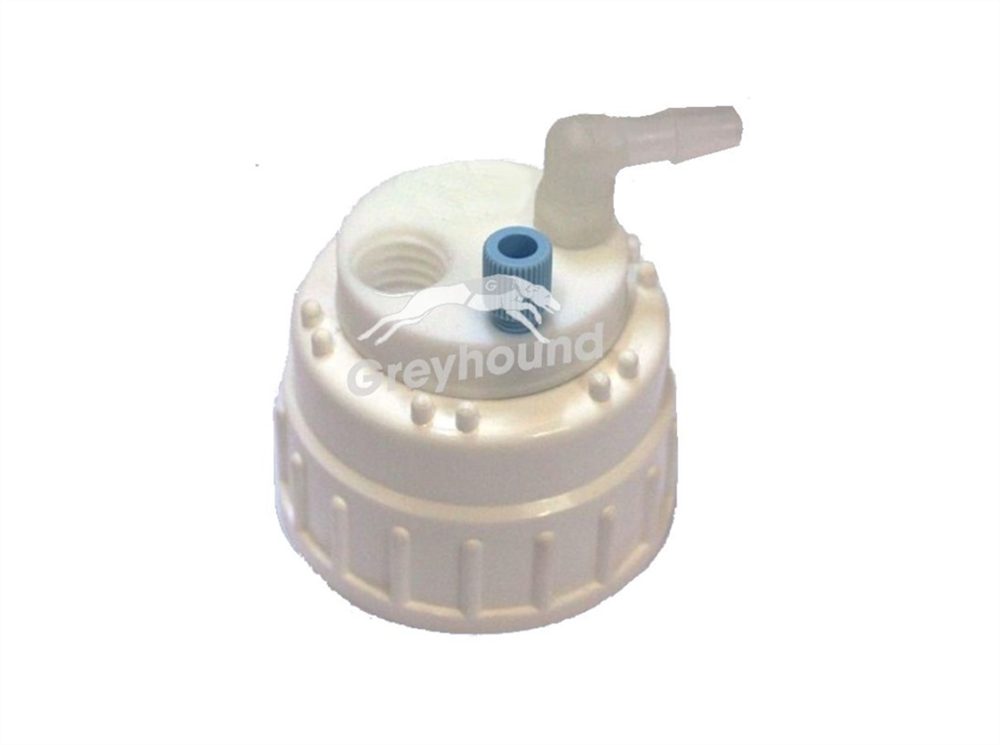 Picture of Smart Waste Cap B53 Nalgene bottle neck with 1 Universal connector (1/8" to 1/16"), 1 barbed tube fitting (6-9 mm) and 1 charcoal cartridge filter port