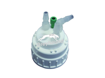 Smart Waste Cap B53 Nalgene bottle neck with 1 Universal connector (1/8" to 1/16"), 3 barbed tube fittings (6-9 mm) and 1 charcoal cartridge filter port