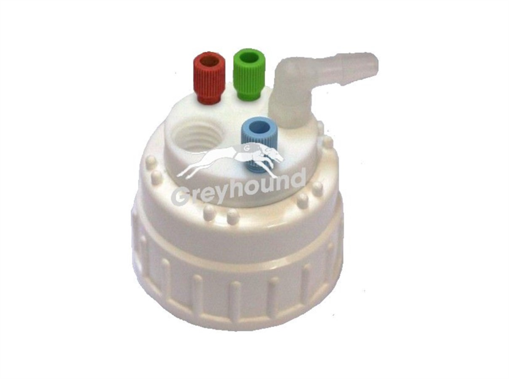 Picture of Smart Waste Cap B83 Nalgene bottle neck with 3 Universal connectors (1/8" to 1/16"), 1 barbed tube fitting (6-9 mm) and 1 charcoal cartridge filter port