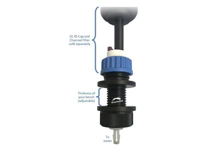 Through-hole adapter for use with SW45 caps, with 1 outlet for tube fitting (6 to 9mmID)