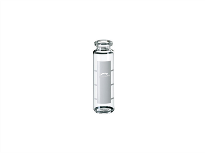 20mL Headspace Vial, Crimp Top, Clear Glass, Rounded Bottom, 20mm Bevelled Edge Crimp, with Graduated Write-on Patch, Q-Clean