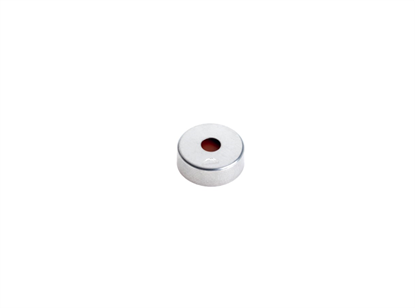 20mm Magnetic Crimp Cap, Silver, Open 6mm Hole with PTFE/Red Silicone Septa for HT Analysis (-60°C to 300°C), 3mm, (Shore A 45)