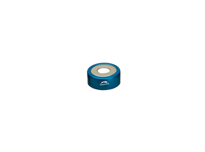20mm Bi-Metallic Magnetic Crimp Cap, Blue, Open 8mm Hole with Beige PTFE/White Silicone Septa (HT Grade), 3mm, (Shore A 45)
