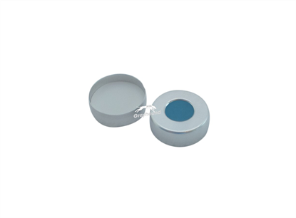 UltraClean 20mm Aluminium Crimp Cap, Silver, 10mm hole with Translucent Blue/White PTFE Septa, 3mm, (Shore A 45)