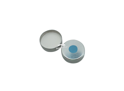 UltraClean 20mm Magnetic Crimp Cap, Silver, 8mm hole with Translucent Blue/White PTFE Septa, 3mm, (Shore A 45)