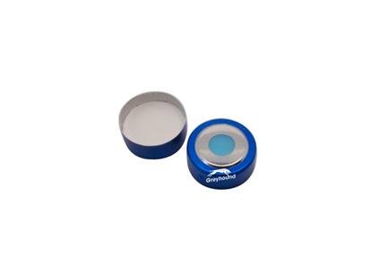 UltraClean 20mm Bi-Metallic Crimp Cap, Blue, 8mm hole with Translucent Blue/White PTFE Septa, 3mm, (Shore A 45)