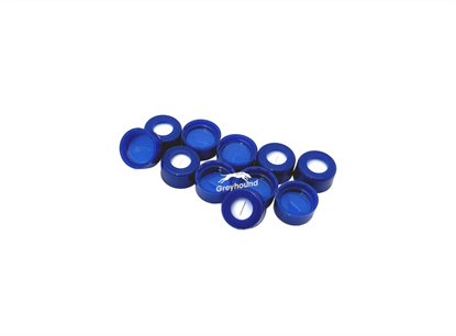 9mm Open Top Screw Cap, Blue, with Blue PTFE/White Silicone Septa, Pre-Slit, 1mm, (Shore A 55)