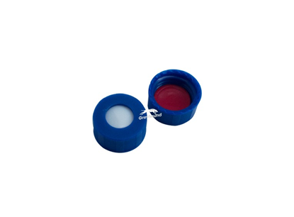 9mm Open Top Screw Cap, Blue with Red PTFE/White Silicone Septa, Y-Slit, (Shore A 55)