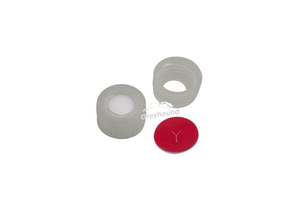 Picture of 9mm Open Top Screw Cap, Natural with Red PTFE/White Silicone Septa, Y-Slit, (Shore A 55)