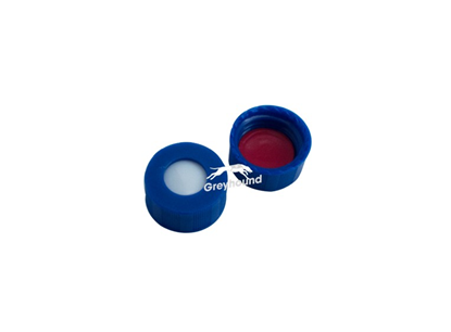9mm Open Top Screw Cap, Blue with Red PTFE/White Silicone Septa, Y-Pre-Cut, (Shore A 55)