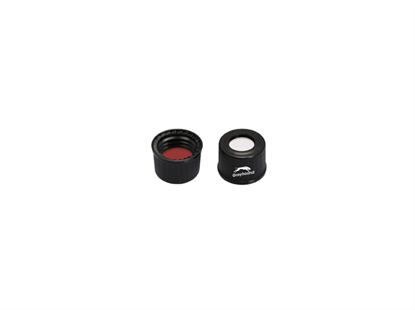 8-425 Flanged Black Open Hole Polypropylene Screw Cap with Red PTFE/White Silicone/Red PTFE Septa, 1mm, (Shore A 45)