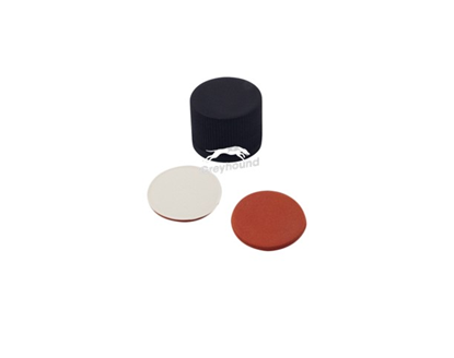 8-425 Black Solid Top Polypropylene Screw Cap with Beige PTFE/Red Rubber Septa, 1mm, (Shore A 45)