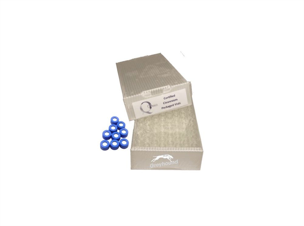 Picture of Vial Kit - P/Nos. 60-100120 + 60-101085-B  2mL Wide Neck Screw Top Vial, Short Thread, Clear Glass with Graduated Write-on Patch + 9mm Blue Open Top Screw Cap with Bonded White PTFE/Beige Silicone Septa, Pre-Slit, (Shore A 45)