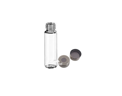 Vial Kit - P/Nos. 60-100286 and 60-100916  20mL Headspace Vial, Screw Top, Clear Glass, Rounded Base + 18mm Magnetic Screw Cap (Silver) with pre-fitted Clear PTFE/Grey Butyl Septa, (Shore A 50) Q-Clean