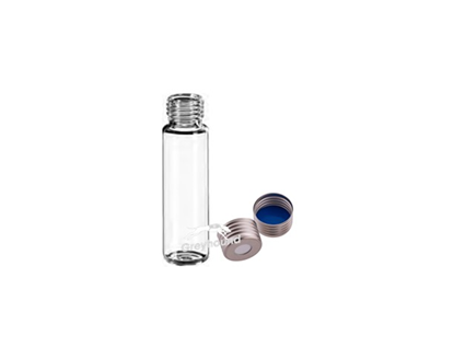 Vial Kit - P/Nos. 60-100286 and 60-100915  20mL Headspace Vial, Screw Top, Clear Glass, Rounded Base + 18mm Magnetic Screw Cap (Silver) with pre-fitted PTFE/Blue Silicone Septa, (Shore A 40) Q-Clean