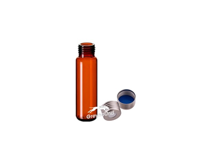 Vial Kit - P/Nos. 60-100286-A and 60-100915  20mL Headspace Vial, Screw Top, Amber Glass, Rounded Base + 18mm Magnetic Screw Cap (Silver) with pre-fitted PTFE/Blue Silicone Septa, (Shore A 40) Q-Clean