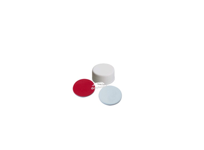 20-400mm Solid Top Screw Cap, White Polypropylene with Red PTFE/White Silicone Septa, 1.3mm, (Shore A 45)