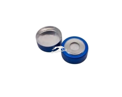 20mm Bi-Metallic Crimp Cap, Blue with Aluminium Foil/White Silicone  Septa, 8mm hole, 3mm, (Shore A 50)
