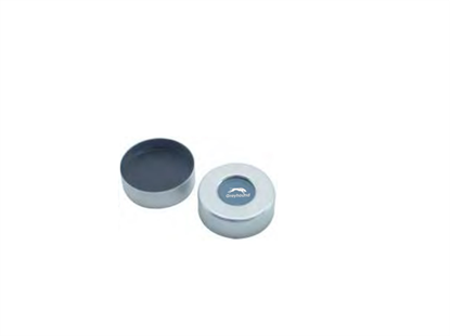 20mm Aluminium Crimp Cap (Silver), Open Hole, with Pre-fitted PTFE/Grey Butyl Septa. 3mm, (Shore A 50)