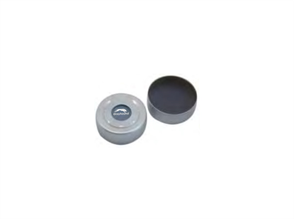20mm Aluminium Headspace Crimp Cap (Silver), Open Hole, with Pre-fitted PTFE/Grey Butyl Septa. 3mm, (Shore A 50)