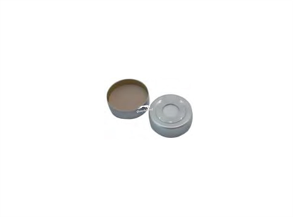 20mm Aluminium Headspace Crimp Cap (Silver), with Pre-fitted Beige PTFE/White Silicone Septa, 3mm, (Shore A 45)