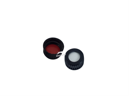 18mm Polypropylene Open Top Screw Cap, Black with White Silicone/Red PTFE Septa, 1.5mm (Shore A 55)