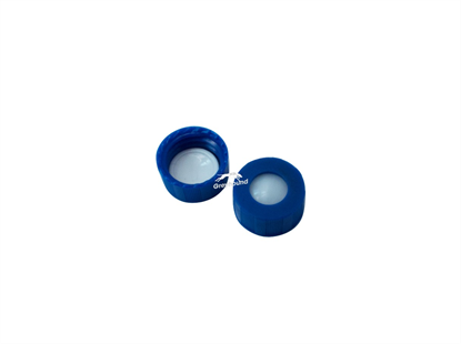 9mm Open Top Screw Cap, Blue with Bonded White PTFE/Beige Silicone Septa, 1mm