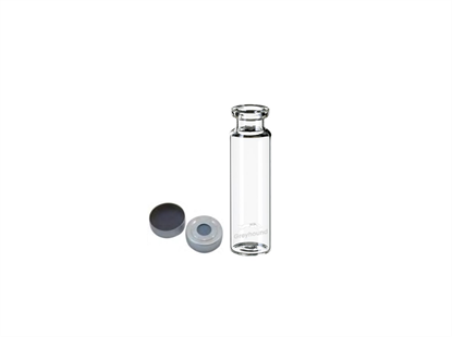 Vial Kit - P/Nos. 60-100245 + 60-113101  20mL Headspace Vial, Crimp Top, Clear Glass, Flat Base + 20mm Aluminium Headspace Crimp Cap (Silver) with Moulded PTFE/ Grey Butyl Septa, 3mm (Shore A 50)