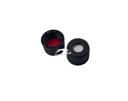 9mm Open Top Screw Cap, Black with Bonded Red PTFE/White Silicone Septa, 1mm,  Pre-Slit